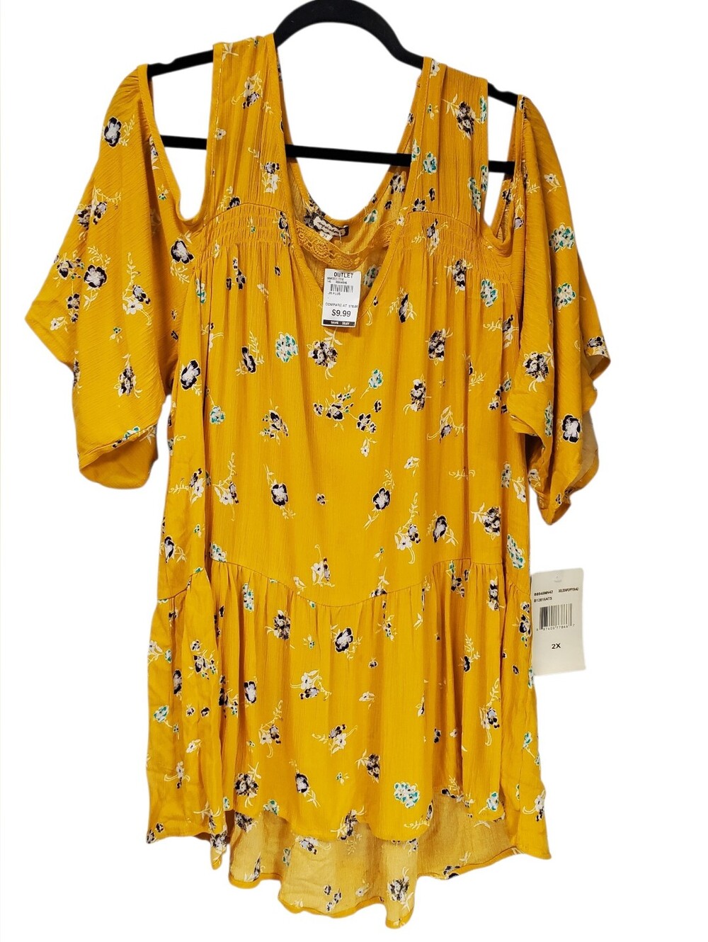 Eyelash Couture Mustard Yellow Floral Cold-Shoulder Peasant Blouse XXL Boho